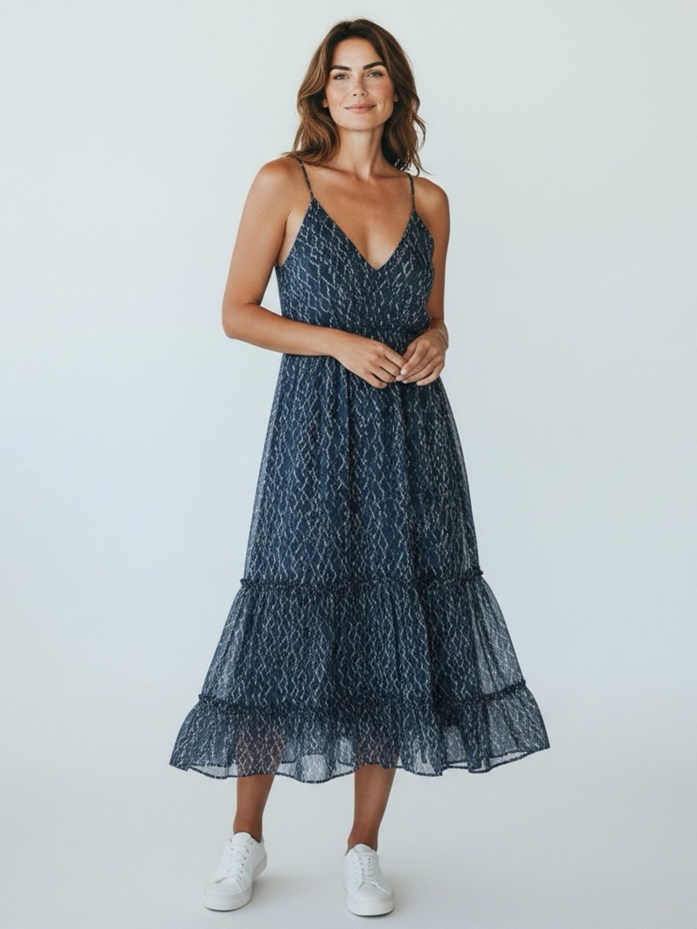 NEW 1 STATE Navy Patterned V-Neck Spaghetti Strap Midi Dress Size XXL